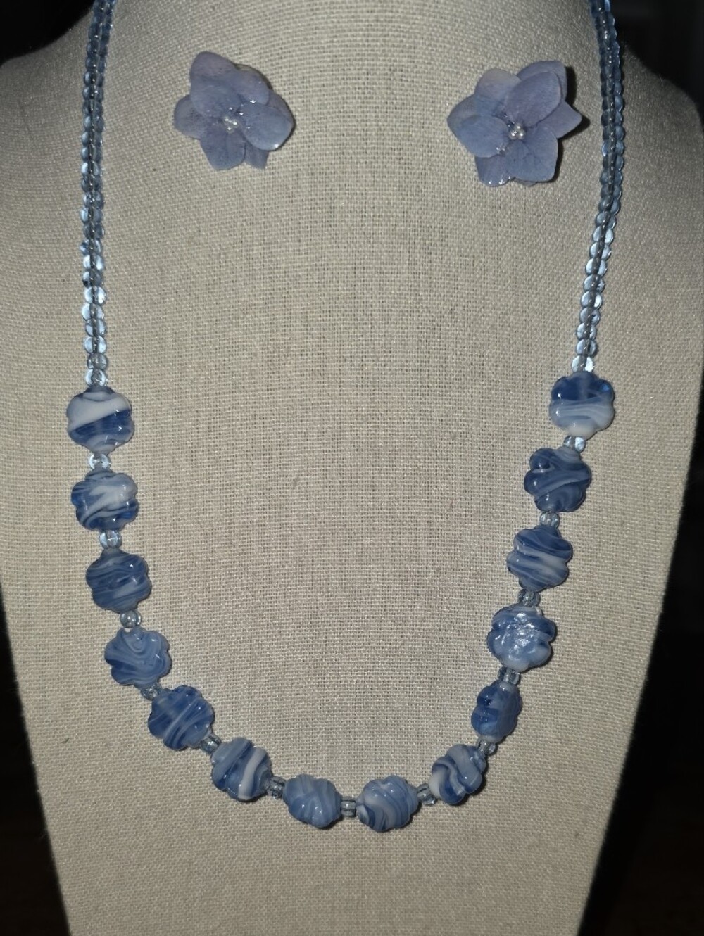 Blue Floral Glass Bead Necklace and Earrings Set - Picture 2 of 5